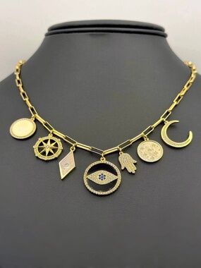 925 sterling silver 14k gold plated CZ Moon Hamsa North Star Evil Eye Necklace